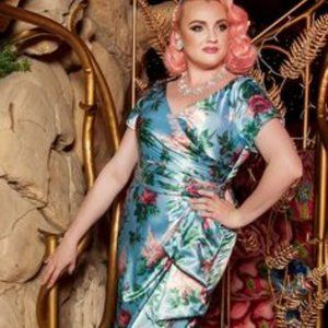 Pinup Girl Couture - Ava Dress Wrap - Blue Floral - Satin - Pinup Girl Couture